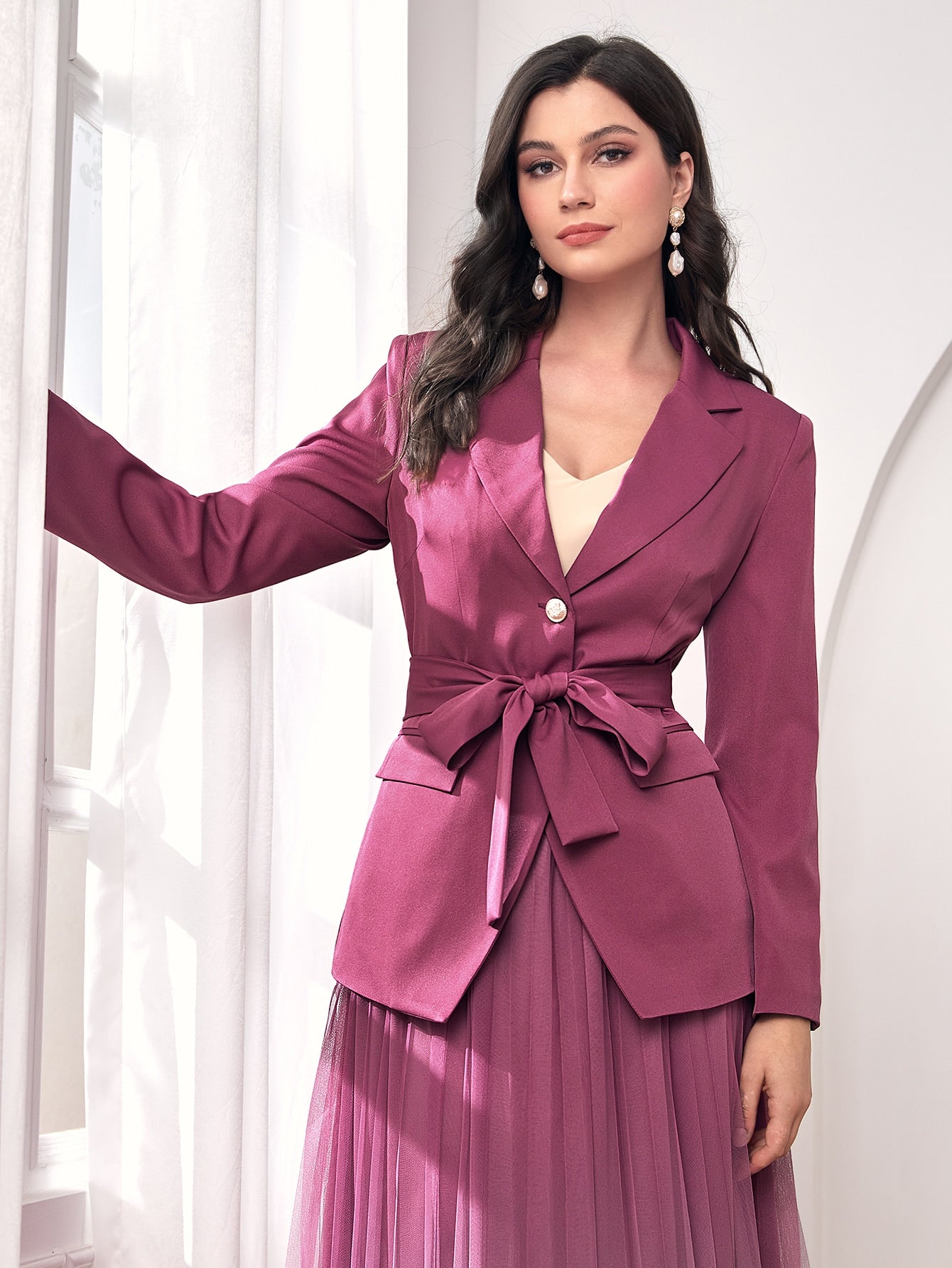 Single Breasted Belted Blazer & Mesh Skirt - ShopEbonyMonique