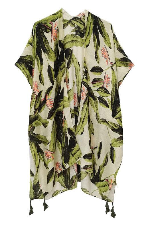 Palm Leaf Print Open Front Kimono - ShopEbonyMonique