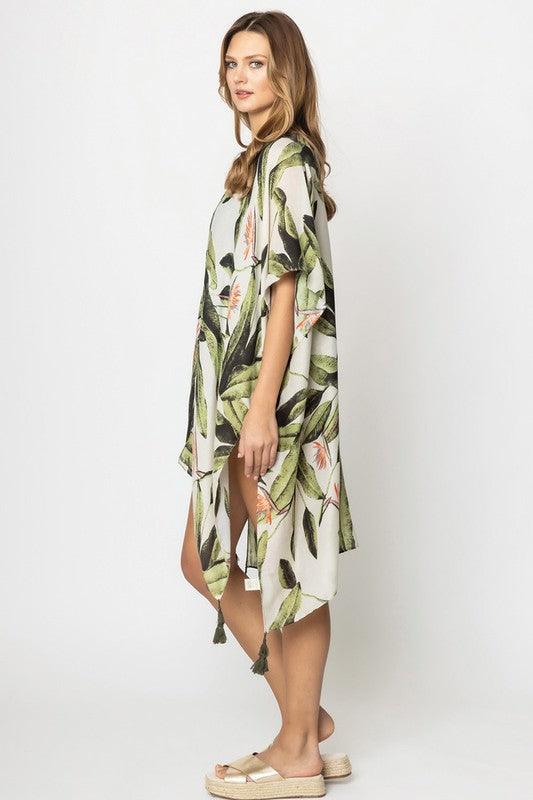 Palm Leaf Print Open Front Kimono - ShopEbonyMonique