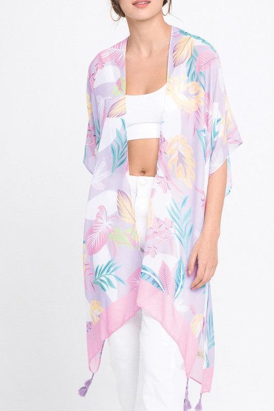 Pastel Palm Leaf Open Front Kimono - ShopEbonyMonique