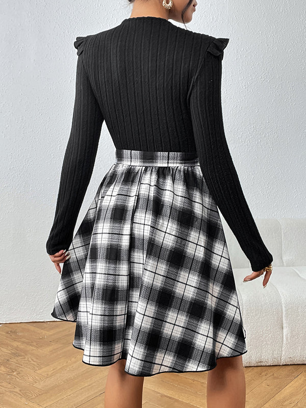 Plaid Ruffle Shoulder Round Neck Dress - ShopEbonyMonique