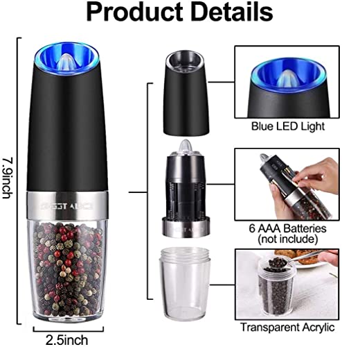 Gravity Electric Pepper and Salt Grinder Set, Adjustable Coarseness, Battery Powered with LED Light, One Hand Automatic Operation, Stainless Steel Black, 2 Pack - ShopEbonyMonique