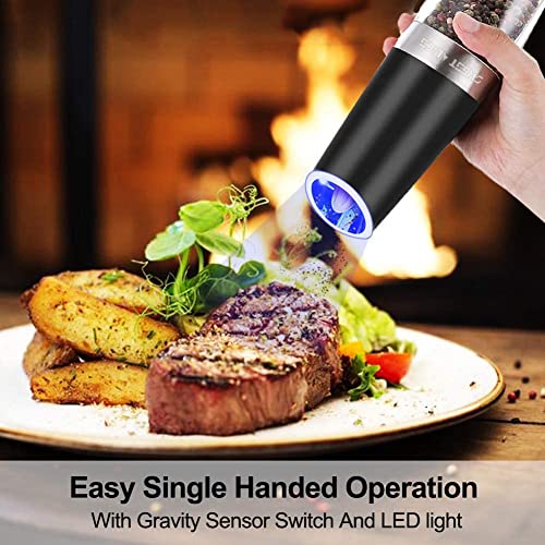 Gravity Electric Pepper and Salt Grinder Set, Adjustable Coarseness, Battery Powered with LED Light, One Hand Automatic Operation, Stainless Steel Black, 2 Pack - ShopEbonyMonique