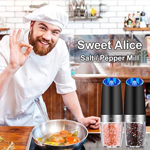 Gravity Electric Pepper and Salt Grinder Set, Adjustable Coarseness, Battery Powered with LED Light, One Hand Automatic Operation, Stainless Steel Black, 2 Pack - ShopEbonyMonique