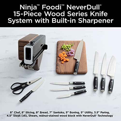 Ninja K52015 Foodi NeverDull 15 Piece Premium Knife System, Wood Series Block, German Stainless Steel, with Built-in Sharpener, Stainless Steel/Walnut - ShopEbonyMonique