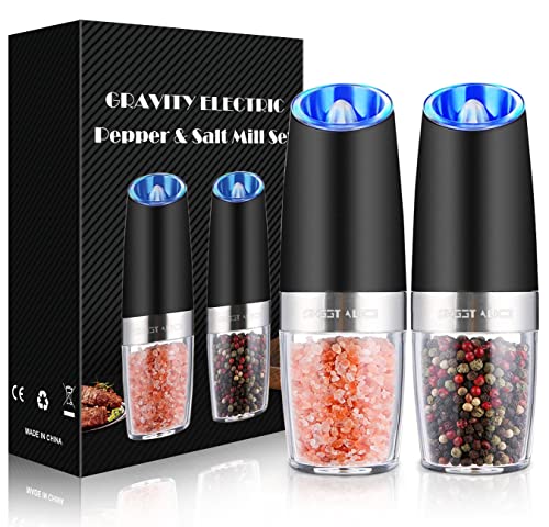 Gravity Electric Pepper and Salt Grinder Set, Adjustable Coarseness, Battery Powered with LED Light, One Hand Automatic Operation, Stainless Steel Black, 2 Pack - ShopEbonyMonique
