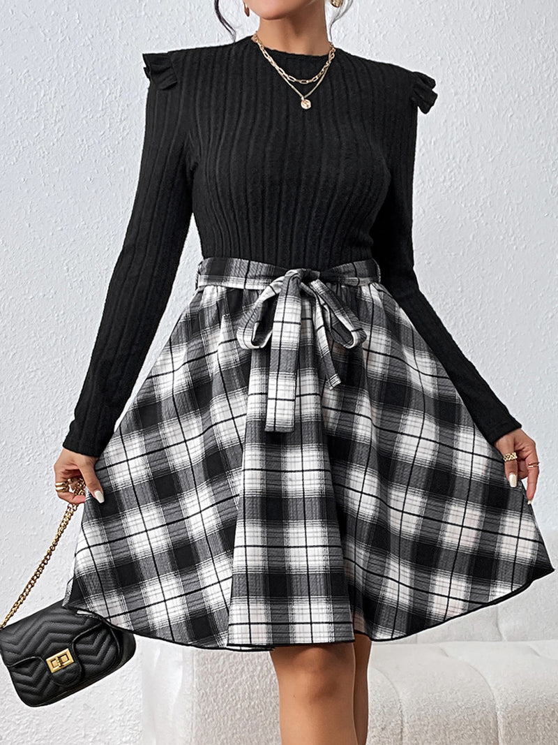 Plaid Ruffle Shoulder Round Neck Dress - ShopEbonyMonique