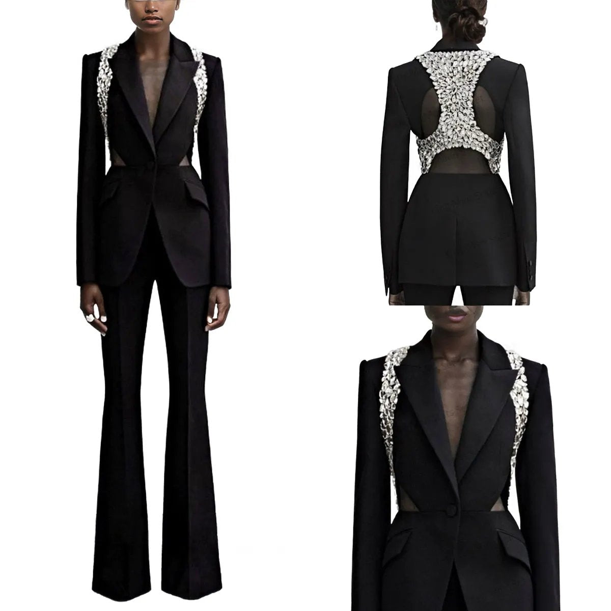 EM Crystals Women Suit Set Blazer+Flare Pants Hollow Back Jacket - ShopEbonyMonique