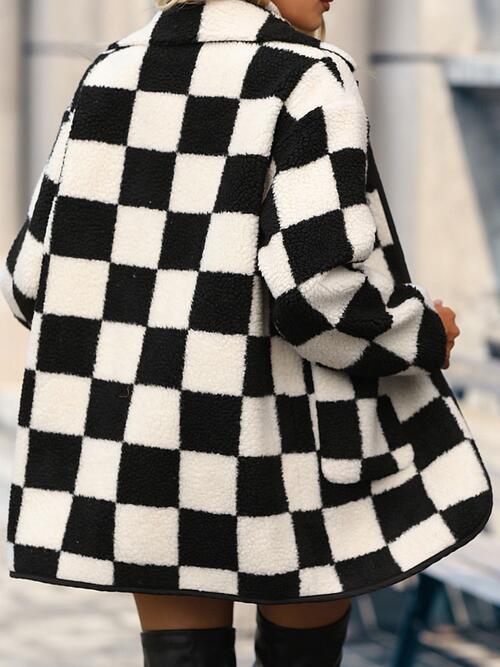 Checkered Button Front Coat with Pockets - ShopEbonyMonique