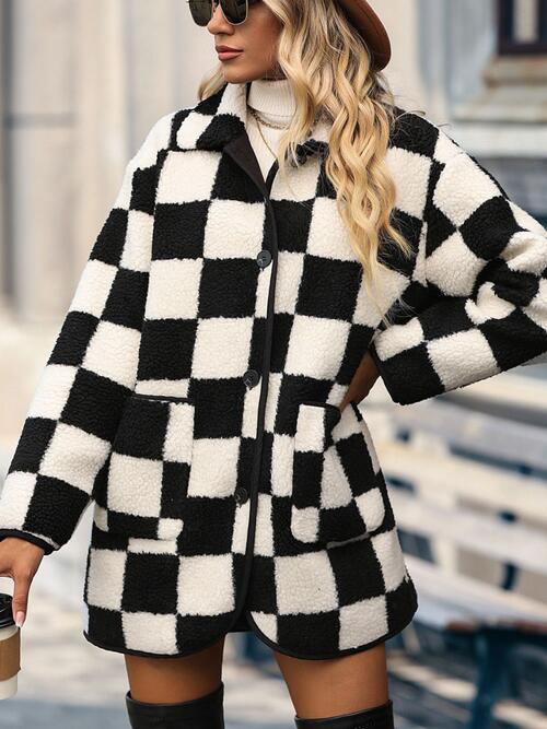 Checkered Button Front Coat with Pockets - ShopEbonyMonique