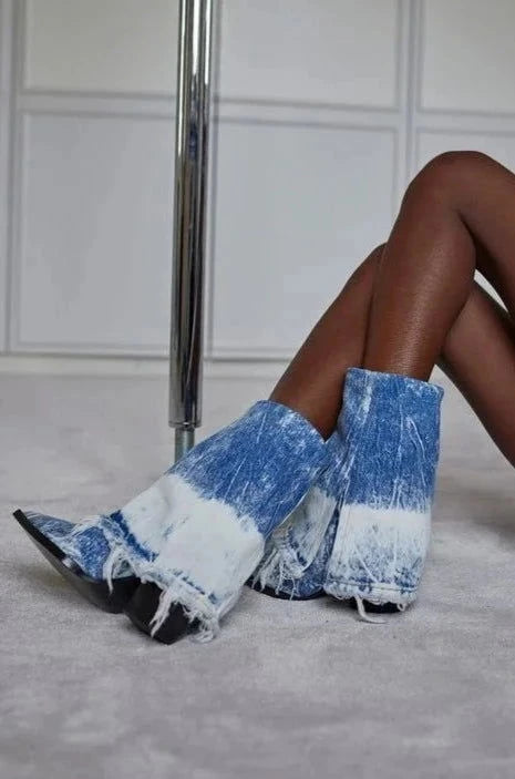 Denim Chunky Wedges Cowboy Boots - ShopEbonyMonique