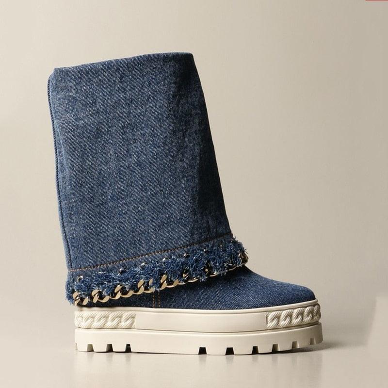 Denim Wedge Boots - ShopEbonyMonique
