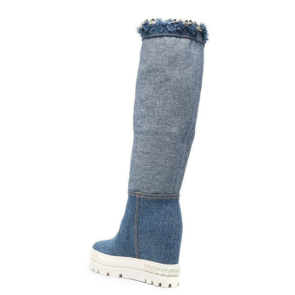 Denim Wedge Boots - ShopEbonyMonique