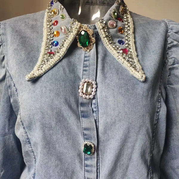 Diamonds Beaded Denim Blouse - ShopEbonyMonique
