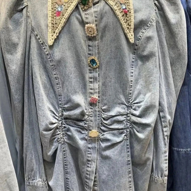 Diamonds Beaded Denim Blouse - ShopEbonyMonique