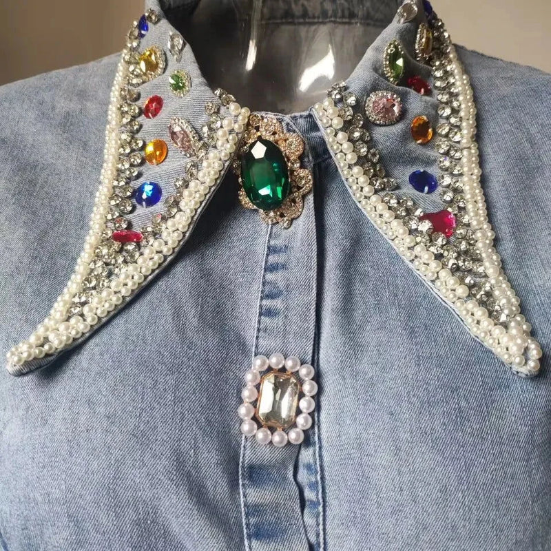 Diamonds Beaded Denim Blouse - ShopEbonyMonique
