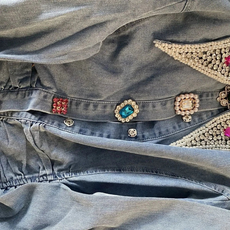 Diamonds Beaded Denim Blouse - ShopEbonyMonique