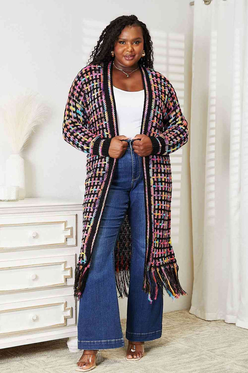 Double Take Full Size Multicolored Open Front Fringe Hem Cardigan - ShopEbonyMonique