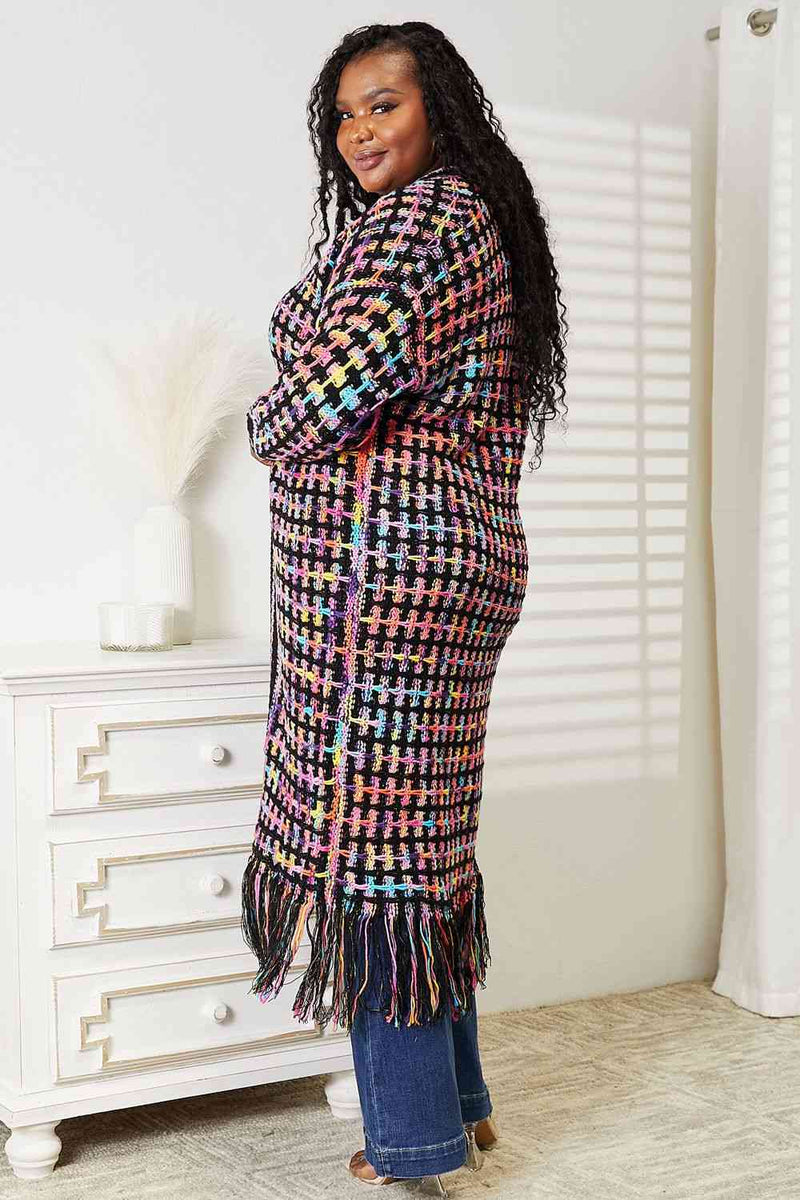 Double Take Full Size Multicolored Open Front Fringe Hem Cardigan - ShopEbonyMonique