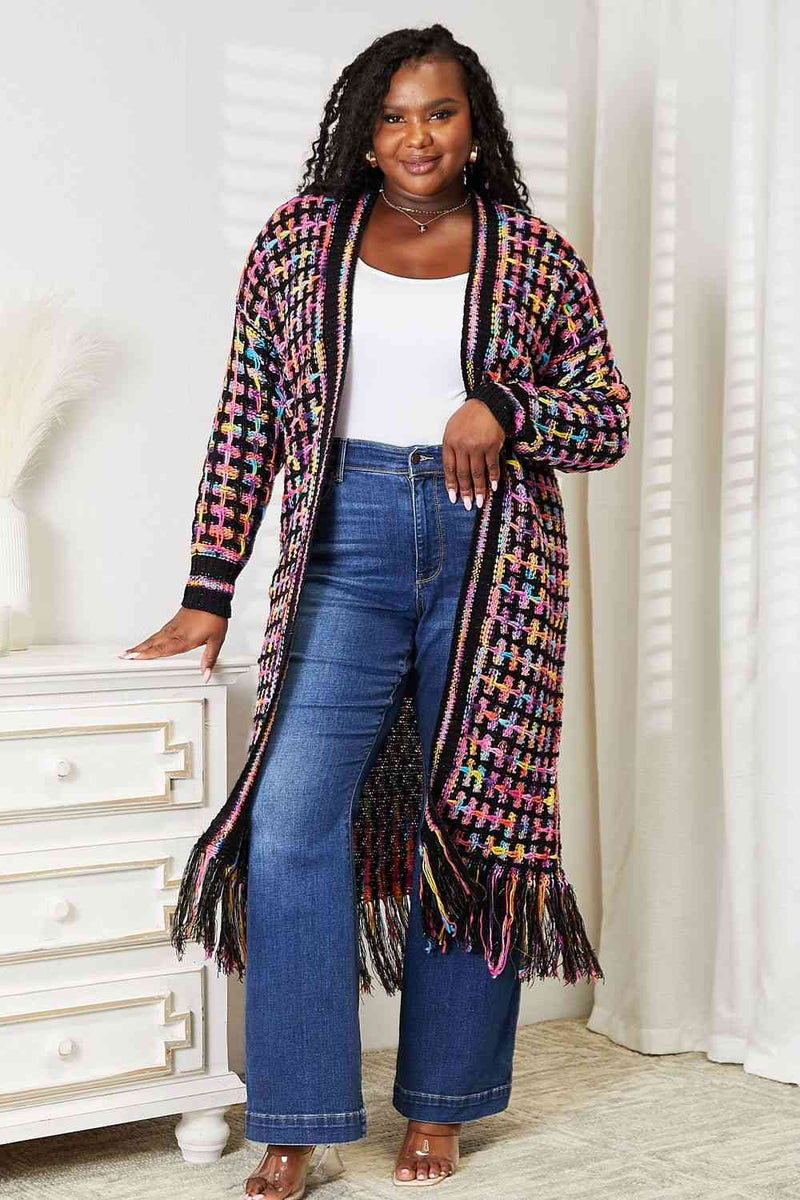 Double Take Full Size Multicolored Open Front Fringe Hem Cardigan - ShopEbonyMonique