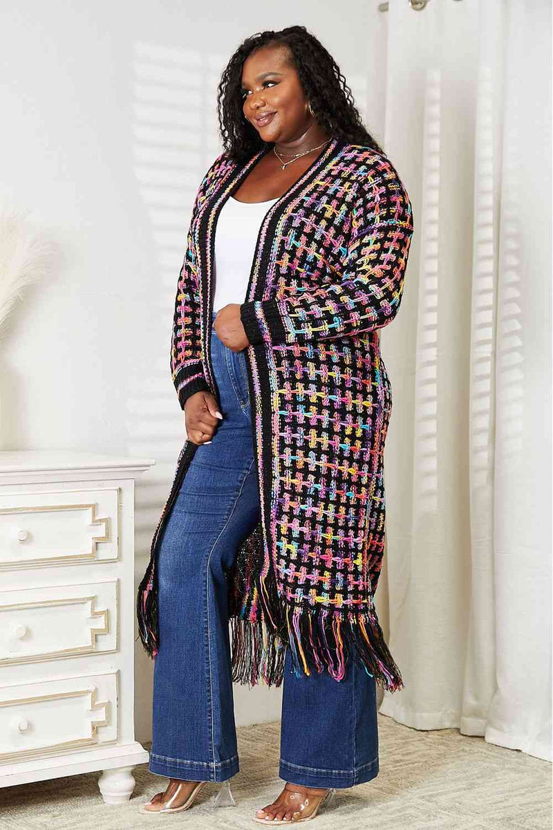 Double Take Full Size Multicolored Open Front Fringe Hem Cardigan - ShopEbonyMonique