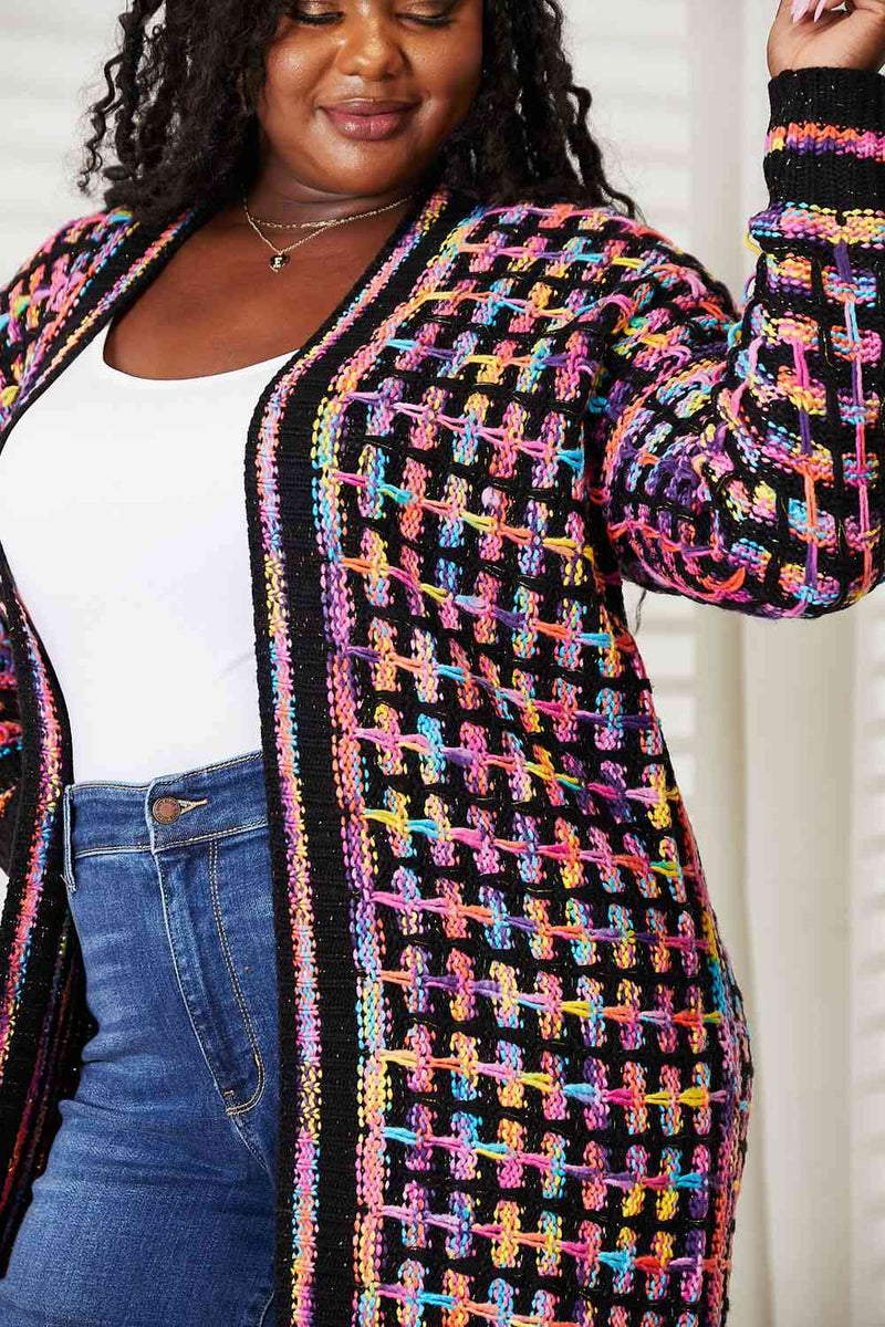 Double Take Full Size Multicolored Open Front Fringe Hem Cardigan - ShopEbonyMonique