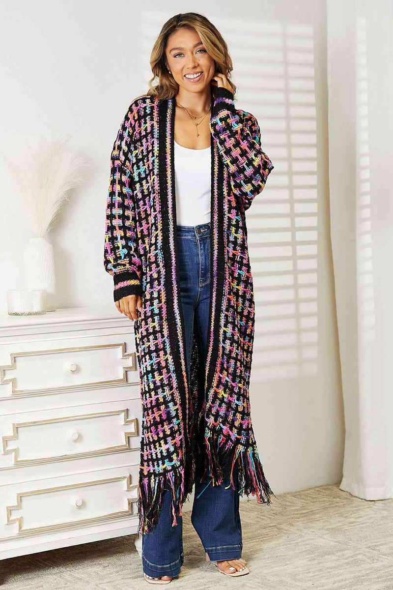Double Take Full Size Multicolored Open Front Fringe Hem Cardigan - ShopEbonyMonique