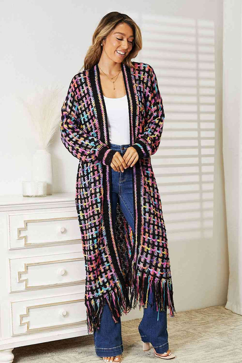 Double Take Full Size Multicolored Open Front Fringe Hem Cardigan - ShopEbonyMonique
