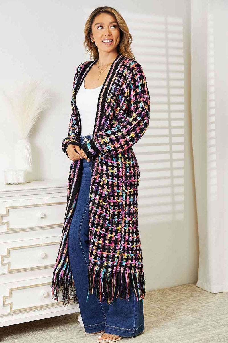 Double Take Full Size Multicolored Open Front Fringe Hem Cardigan - ShopEbonyMonique