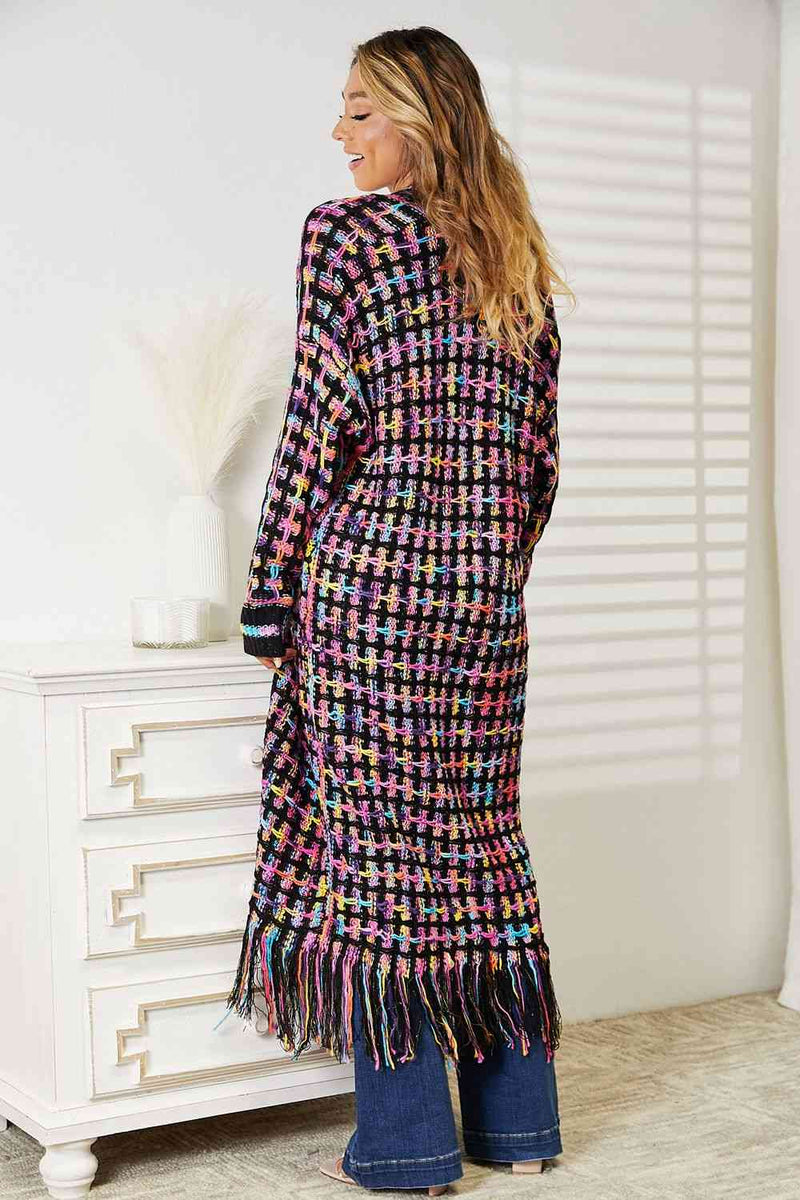 Double Take Full Size Multicolored Open Front Fringe Hem Cardigan - ShopEbonyMonique