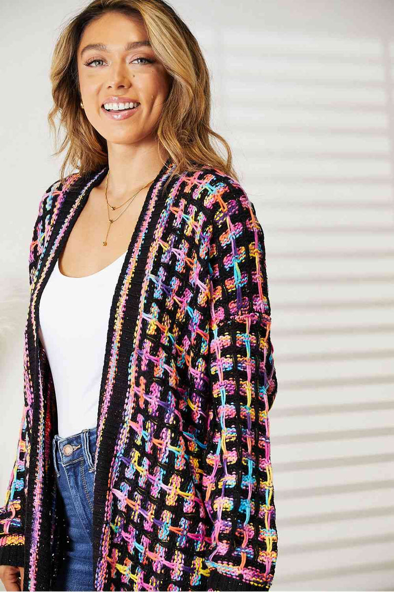 Double Take Full Size Multicolored Open Front Fringe Hem Cardigan - ShopEbonyMonique