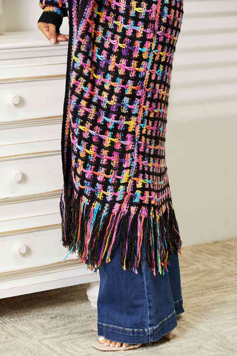 Double Take Full Size Multicolored Open Front Fringe Hem Cardigan - ShopEbonyMonique
