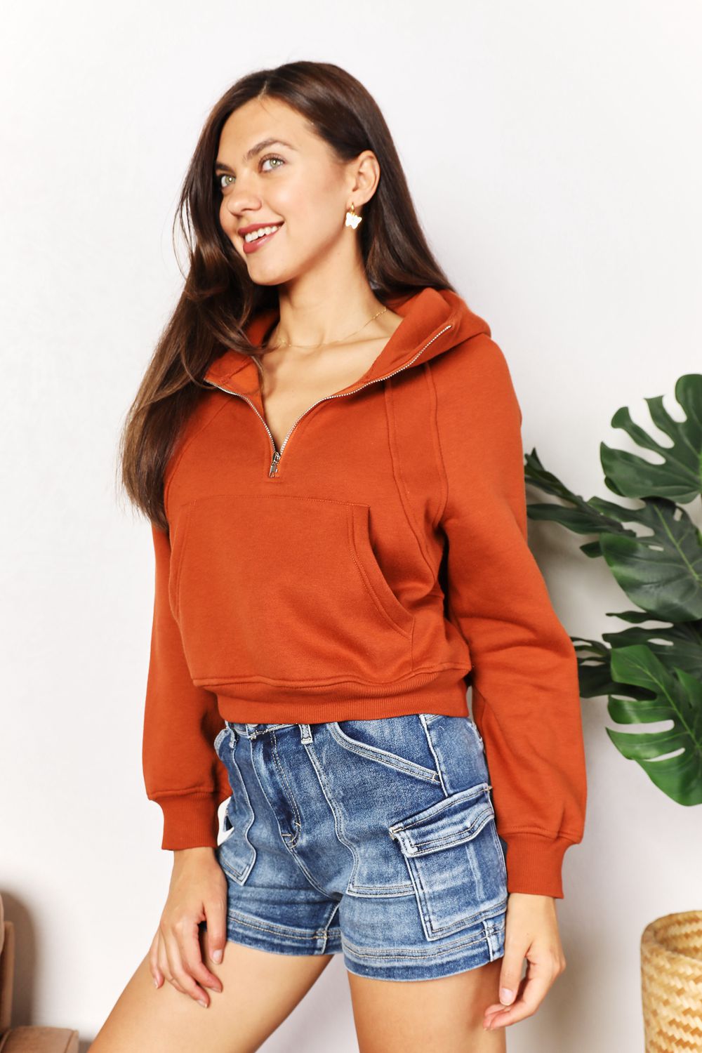 Double Take Half-Zip Long Sleeve Hoodie - ShopEbonyMonique