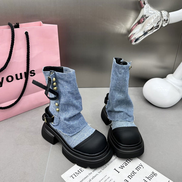 EM Denim Jeans Mid Calf Boots - ShopEbonyMonique
