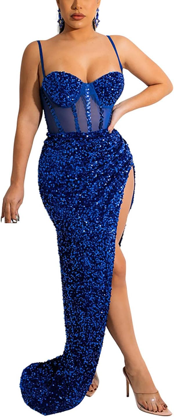 EM Spaghetti Strap V Neck Mesh See Through Gown - ShopEbonyMonique