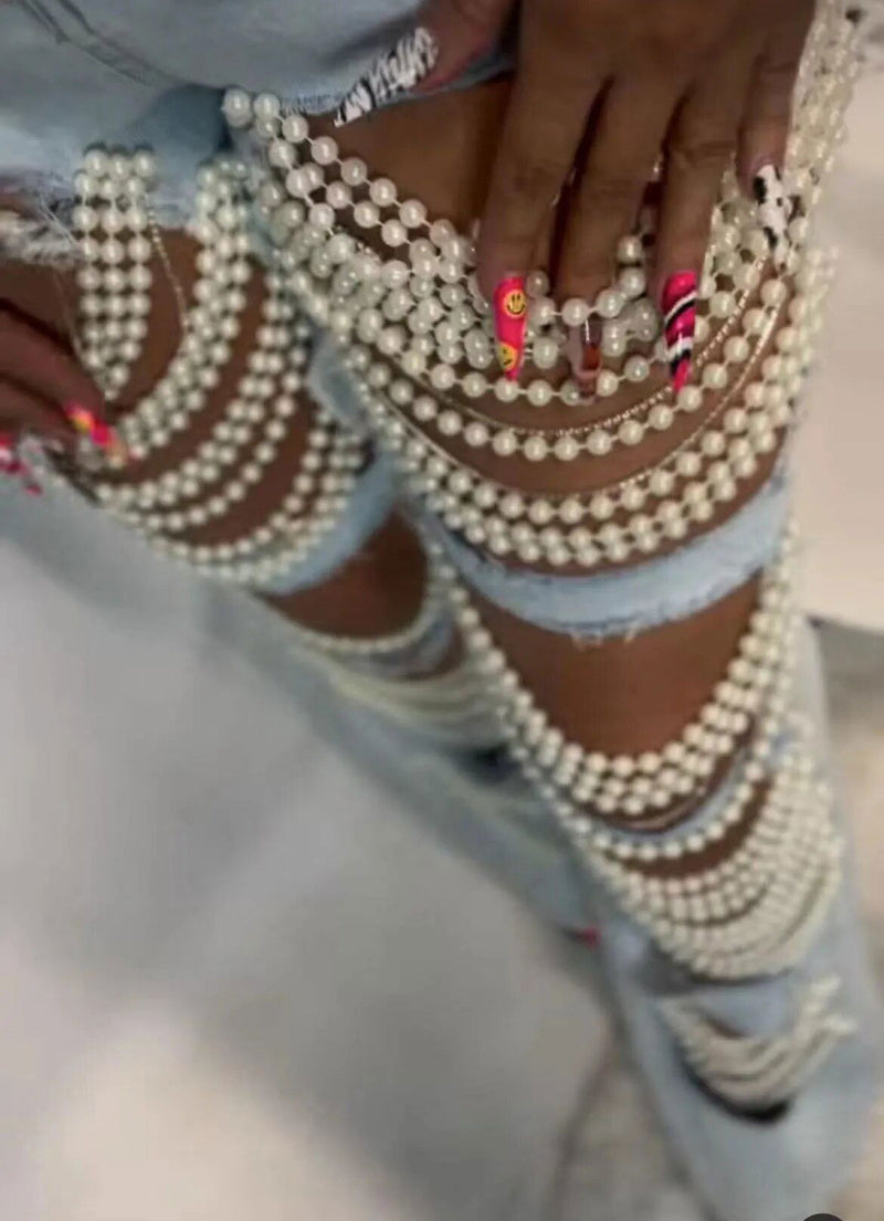 EM Straight Jeans With Holes Pearls Diamond - ShopEbonyMonique