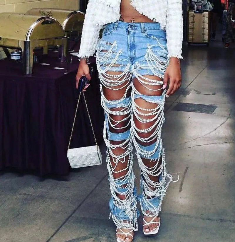 EM Straight Jeans With Holes Pearls Diamond - ShopEbonyMonique