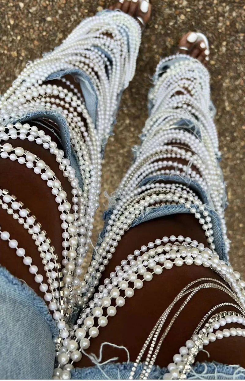 EM Straight Jeans With Holes Pearls Diamond - ShopEbonyMonique