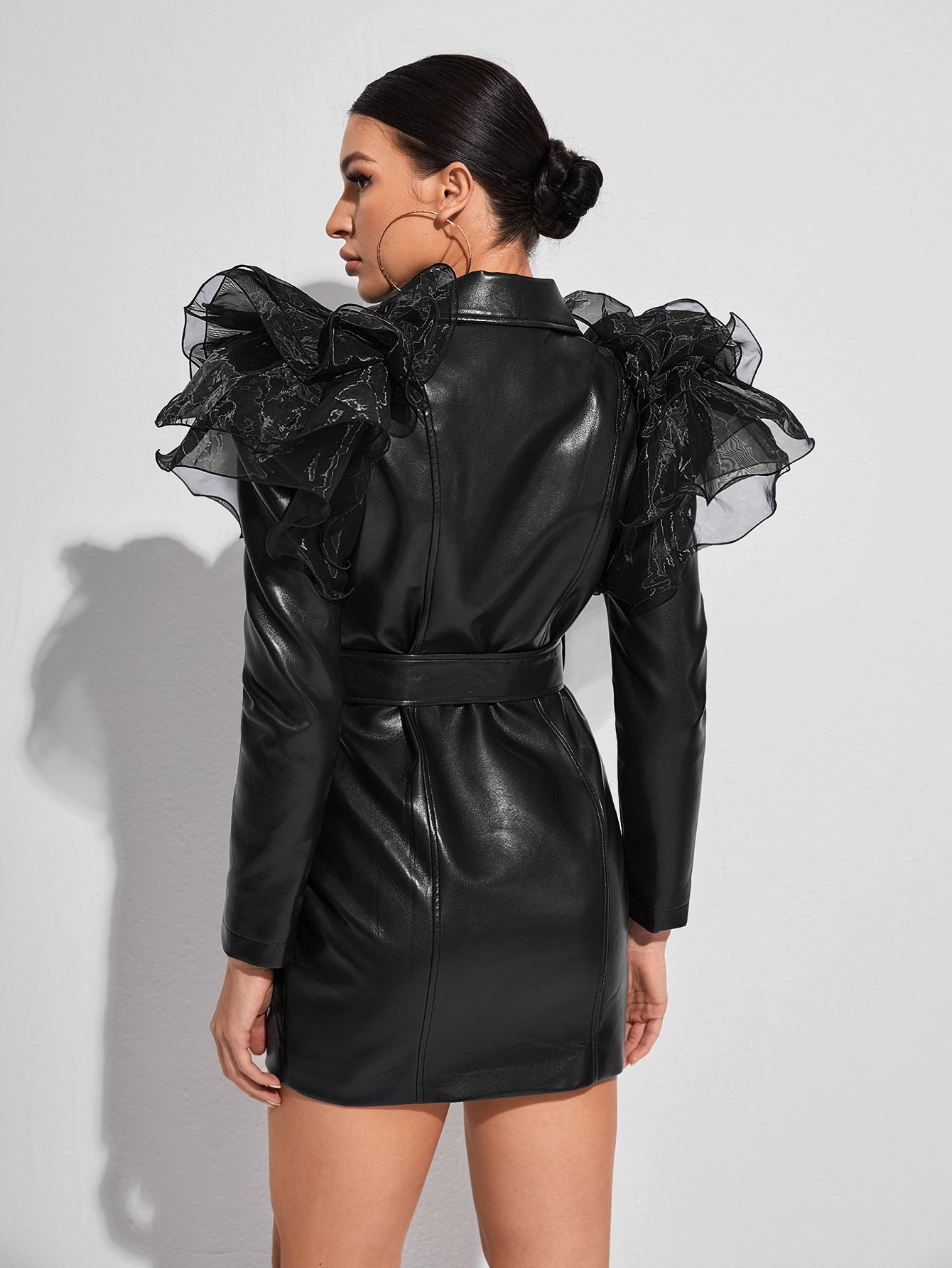 Exaggerated Ruffle Double Button Belted Blazer Dress - ShopEbonyMonique