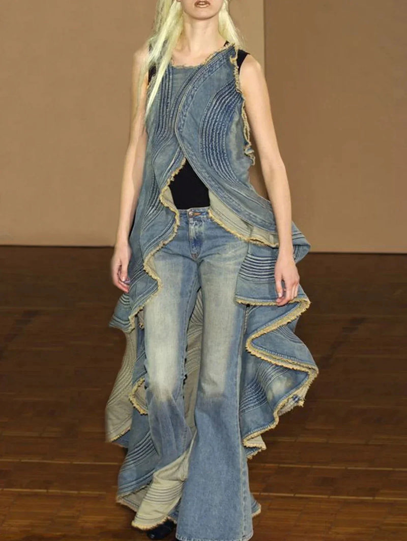 Fashionable Washed Ruffle  Denim Jacket - ShopEbonyMonique