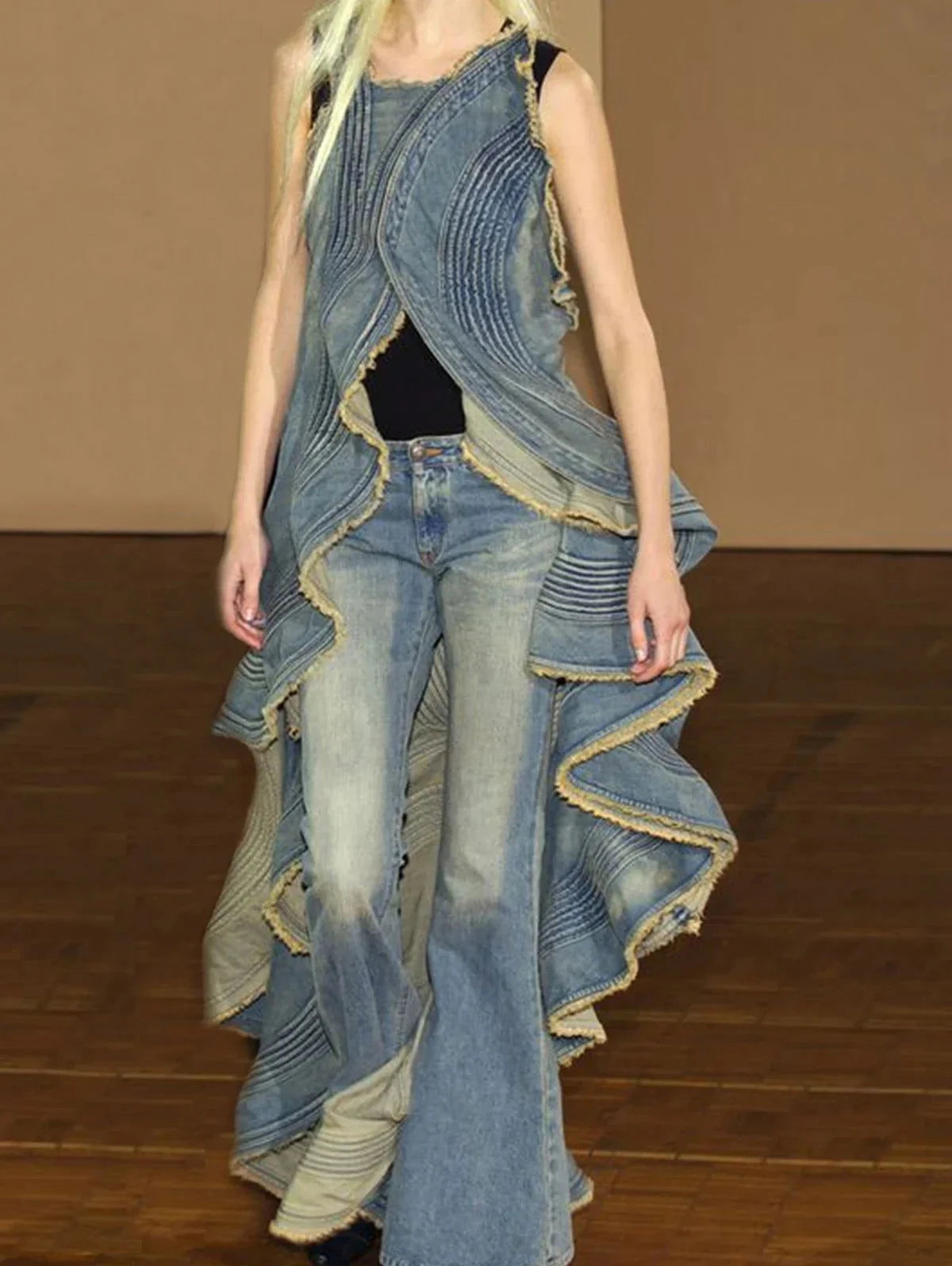 Fashionable Washed Ruffle  Denim Jacket - ShopEbonyMonique