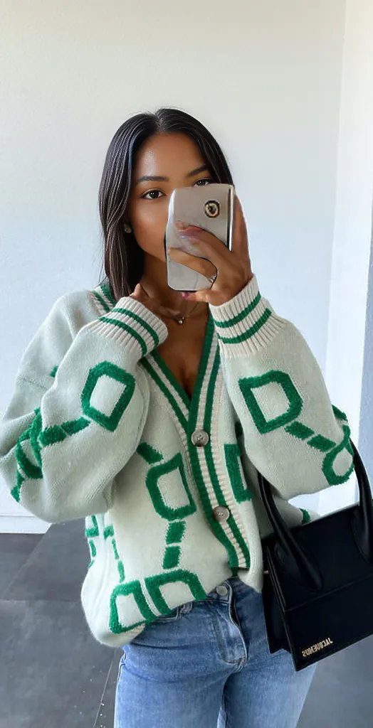 Geometric Dropped Shoulder Button Down Cardigan - ShopEbonyMonique