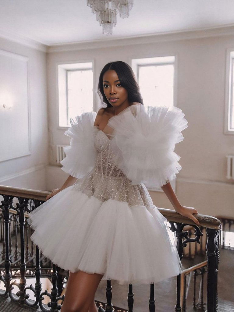 Illusion Beading Short Sleeve Sequins Evening  Gown - ShopEbonyMonique