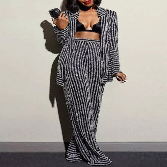 Ladies Thin Striped 2 Piece Set - ShopEbonyMonique