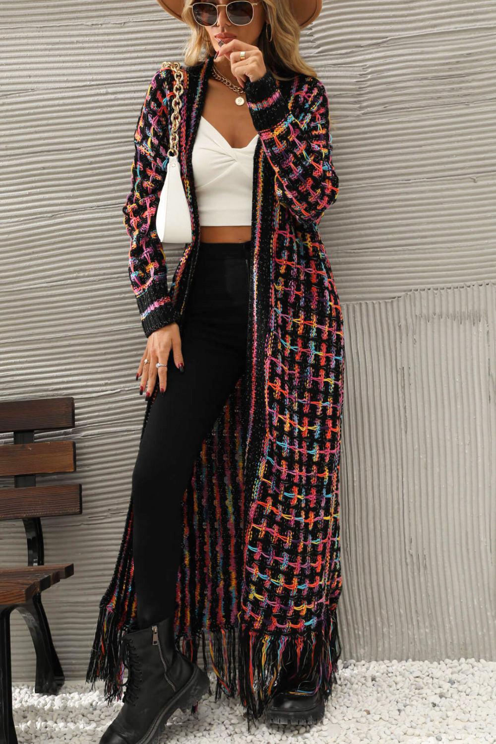 Multicolored Open Front Fringe Hem Cardigan - ShopEbonyMonique