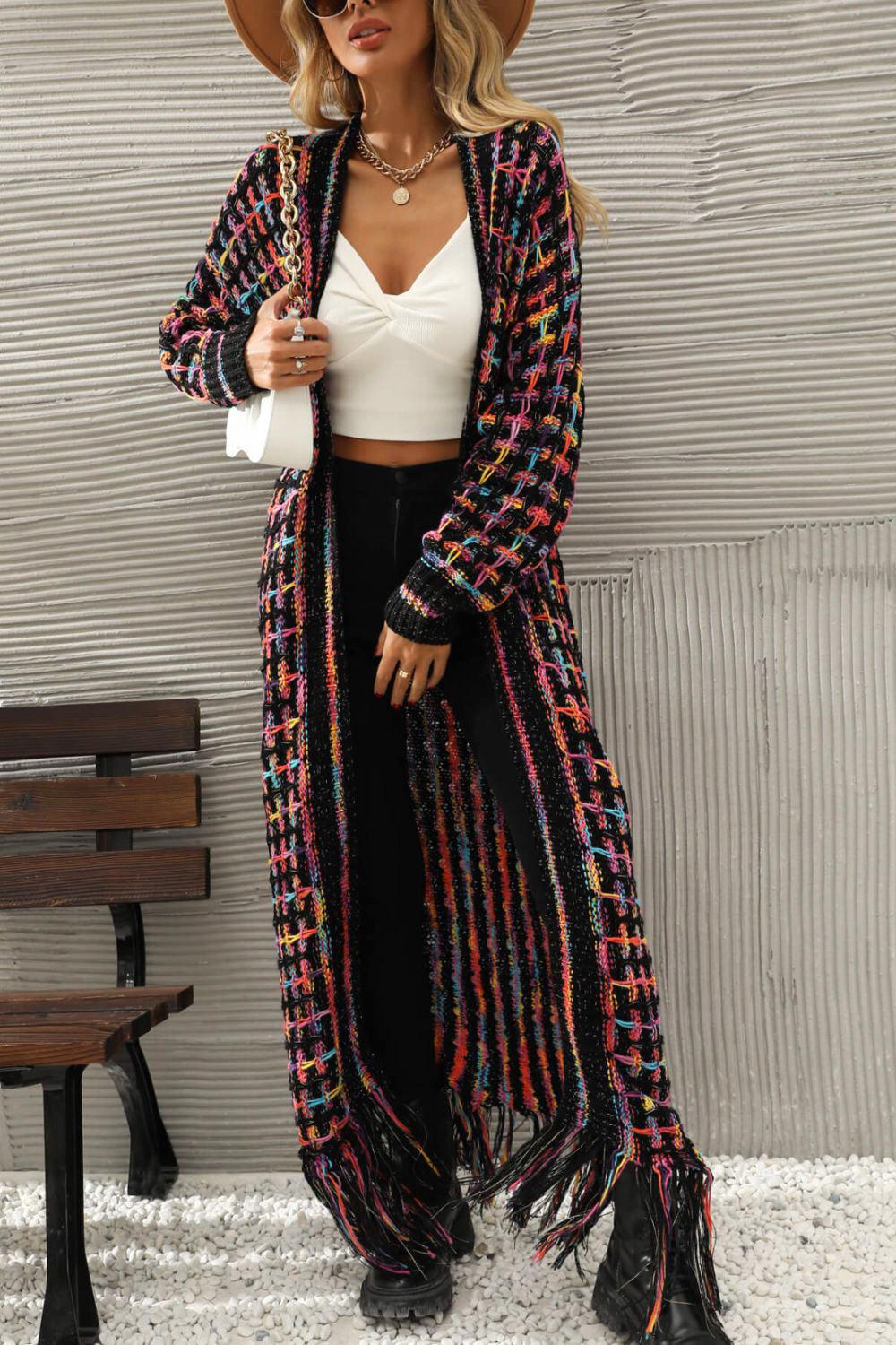 Multicolored Open Front Fringe Hem Cardigan - ShopEbonyMonique