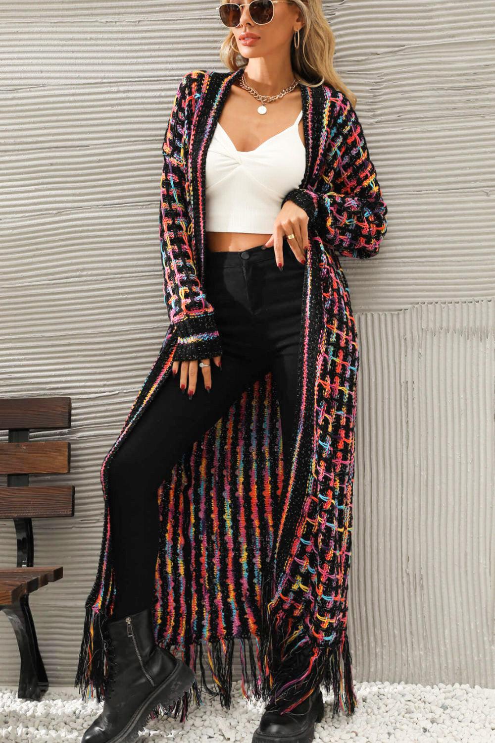 Multicolored Open Front Fringe Hem Cardigan - ShopEbonyMonique