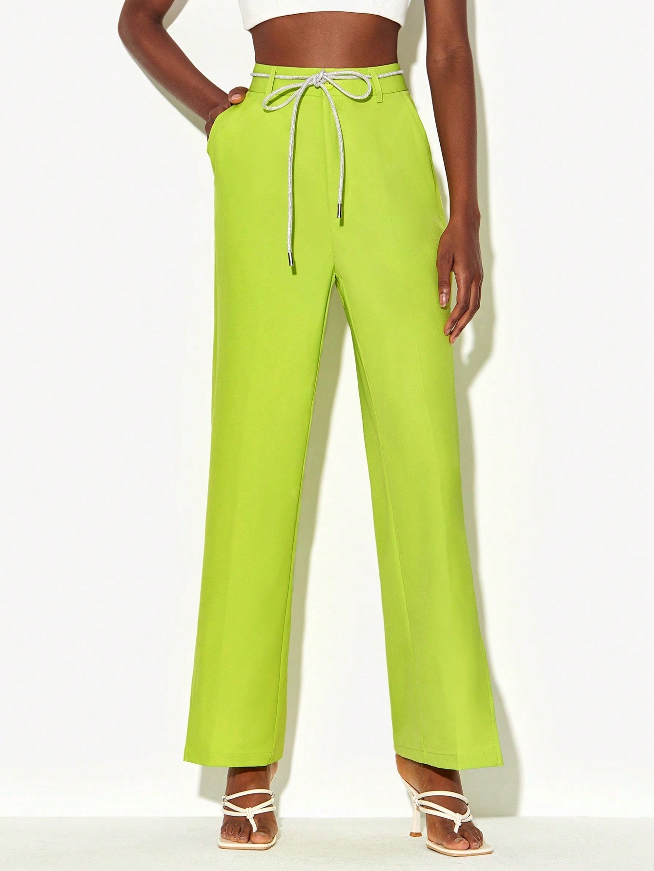 Neon Lime Self Belted Split Hem Suit Pants - ShopEbonyMonique
