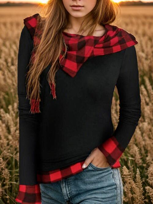 Plaid Long Sleeve Hooded Blouse - ShopEbonyMonique