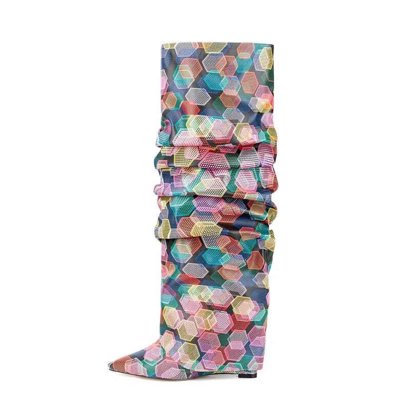 Pleated Colored Long Wedge Boots - ShopEbonyMonique